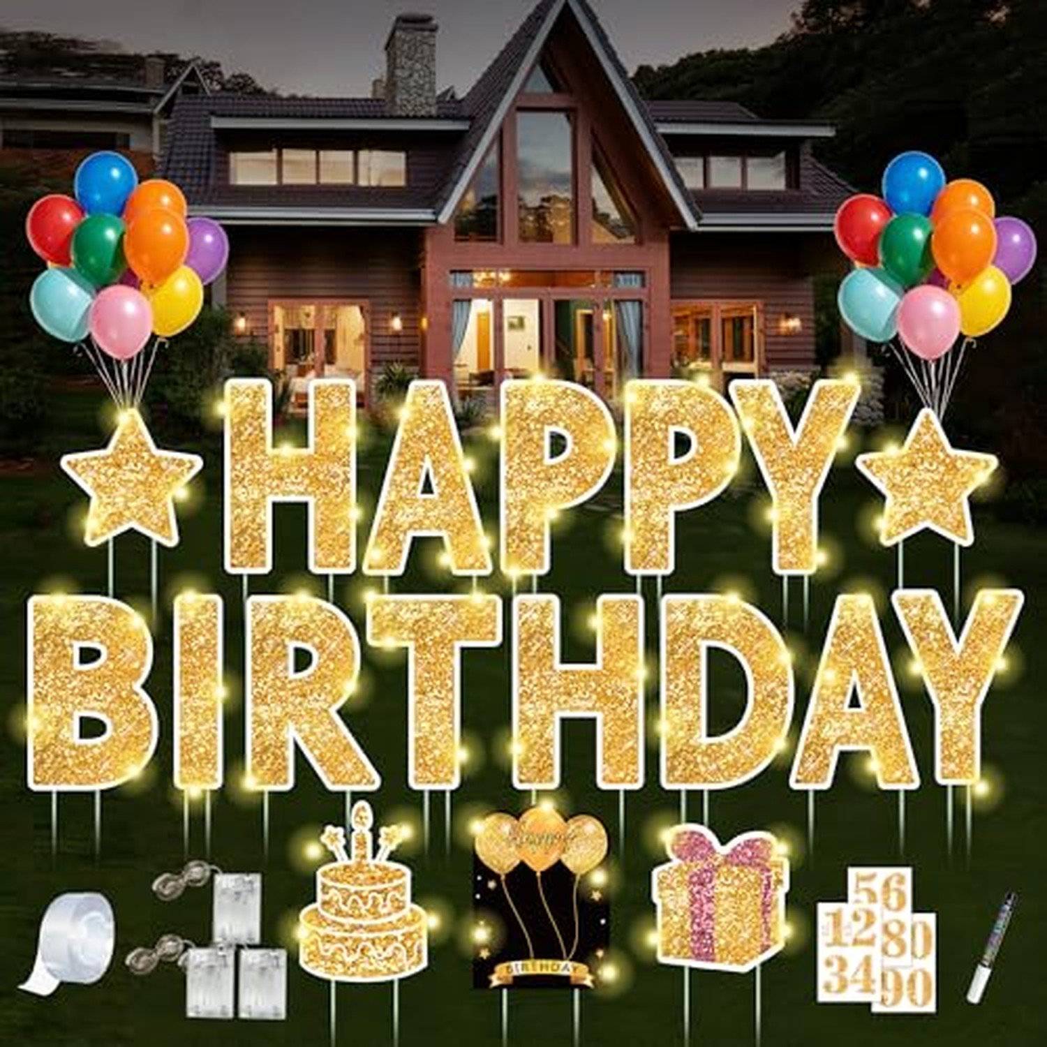 18 Pcs Happy Birthday Yard Sign with Stakes, Gold Happy Birthday Yard Sign wi...