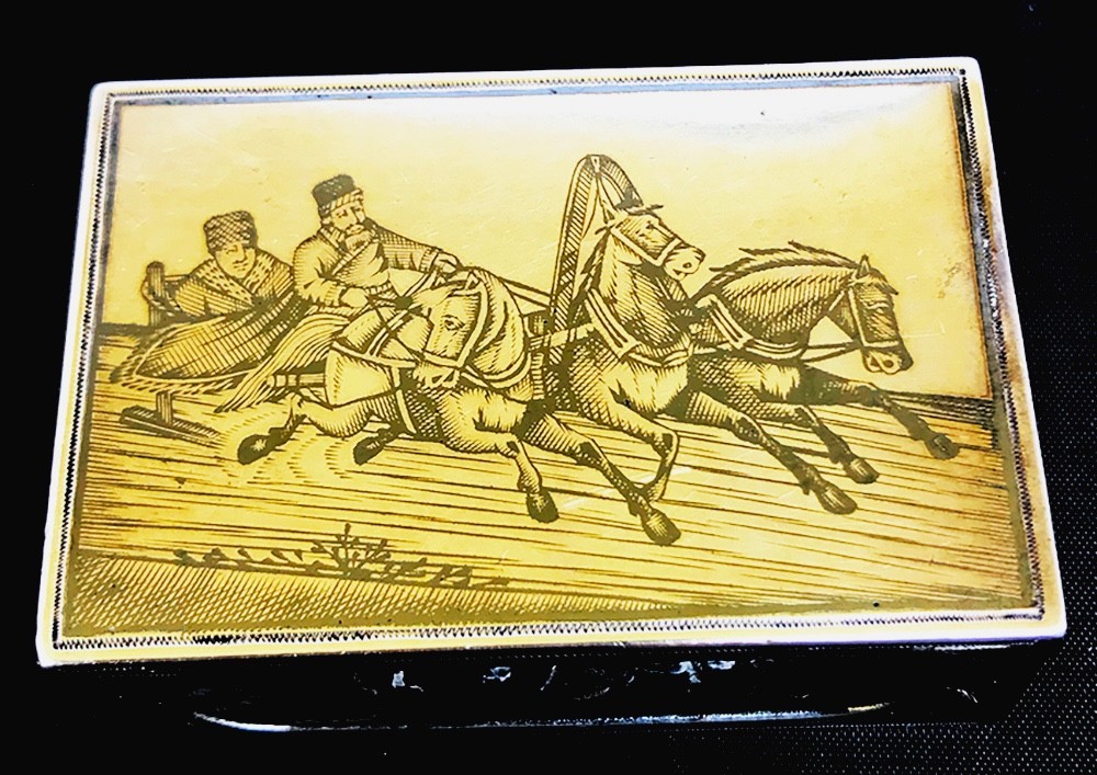 ANTIQUE RARE RUSSIAN IMPERIAL 84 SILVER & NIELLO "TROIKA" MATCHES HOLDER BOX ANTIQUE RARE RUSSIAN IMPERIAL 84 SILVER & NIELLO "TROIKA" MATCHES HOLDER BOX