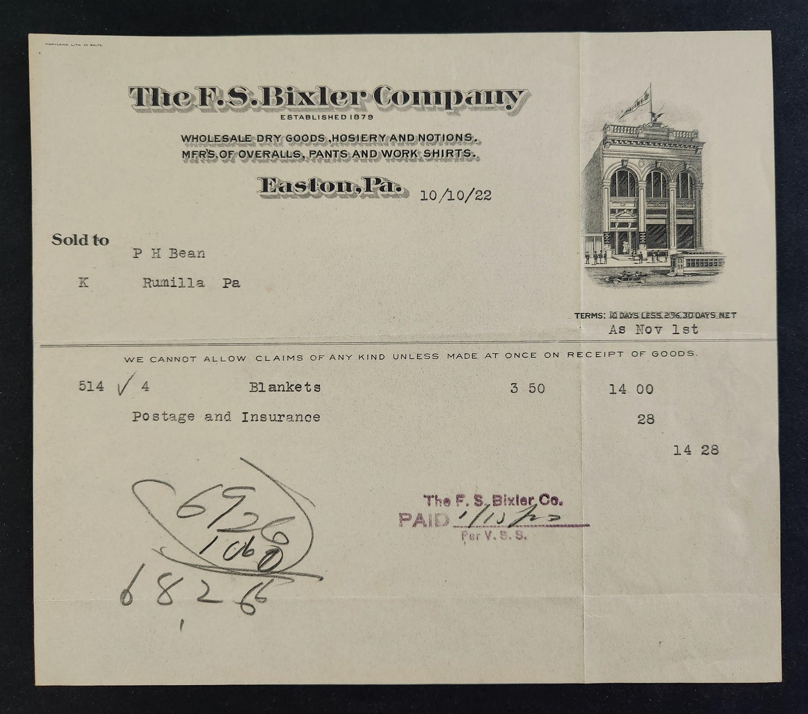 1922 antique F S BIXLER Co easton pa BILLHEAD dry goods hosiery notions overalls