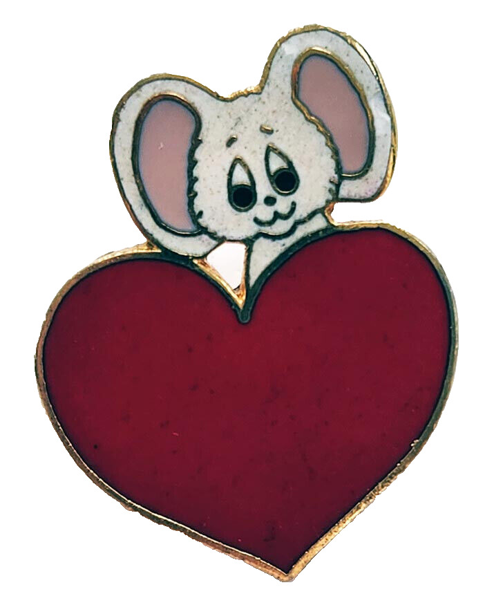 VERY RARE Hallmark PIN Valentines Vintage MOUSE Over HEART CLOISONNE '70s Brooch
