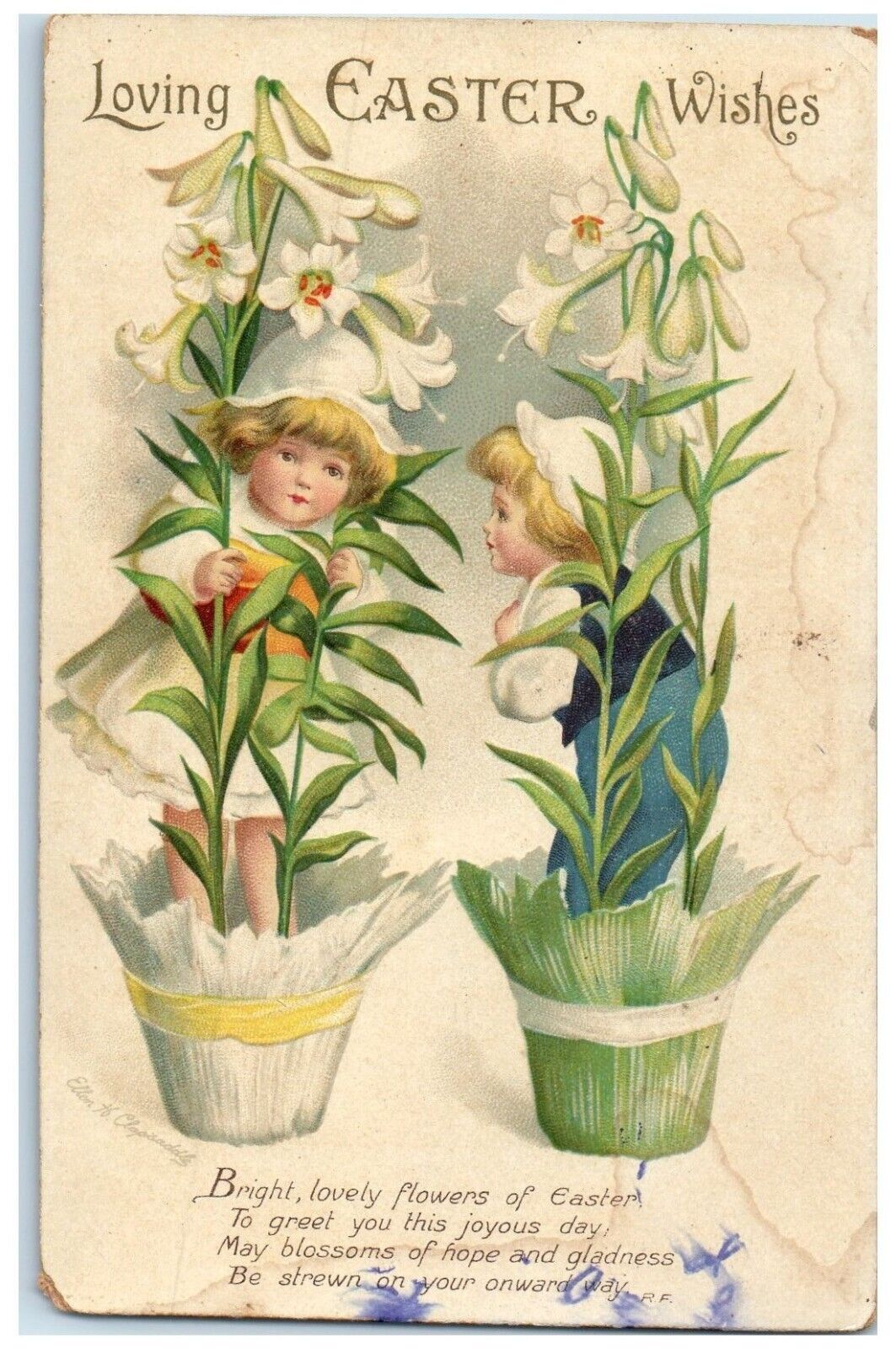 1915 Easter Cute Children In Flowers Pot Clapsaddle Davenport Iowa IA Postcard