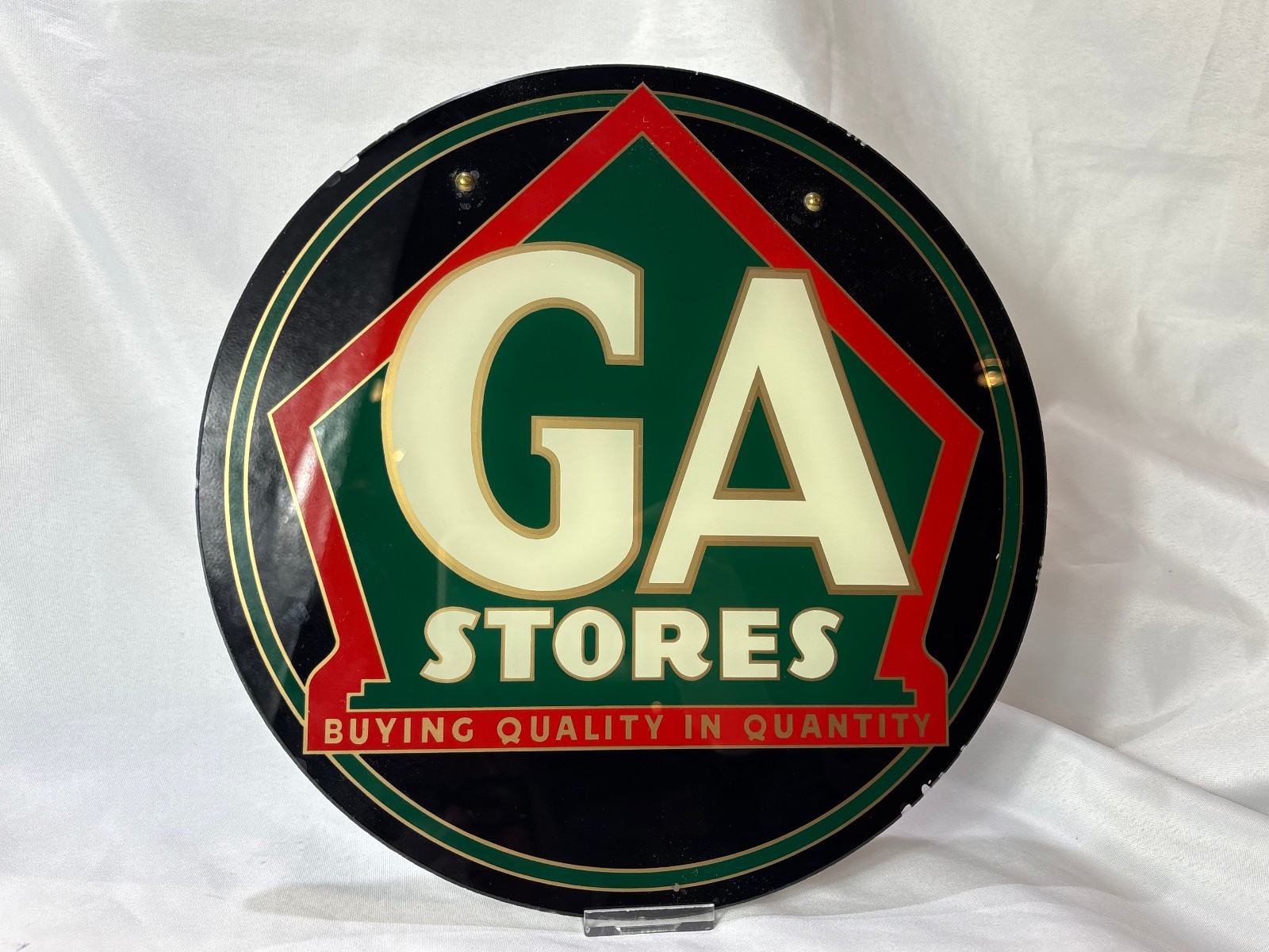 Vtg GA Stores Reverse Painted Sign Round Glass Wall Hung Advertising ...