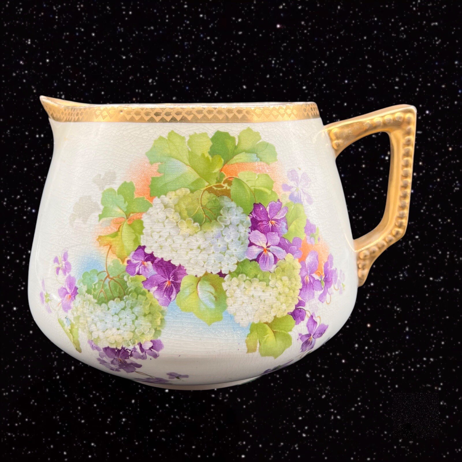 Vintage Dresden MW 208 Germany Pitcher Flower Violets Golden 6t 8w
