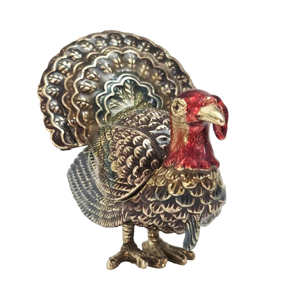 Vintage Monet Turkey Trinket Box Enamel Gold Tone Thanksgiving Decor Bird Hinged