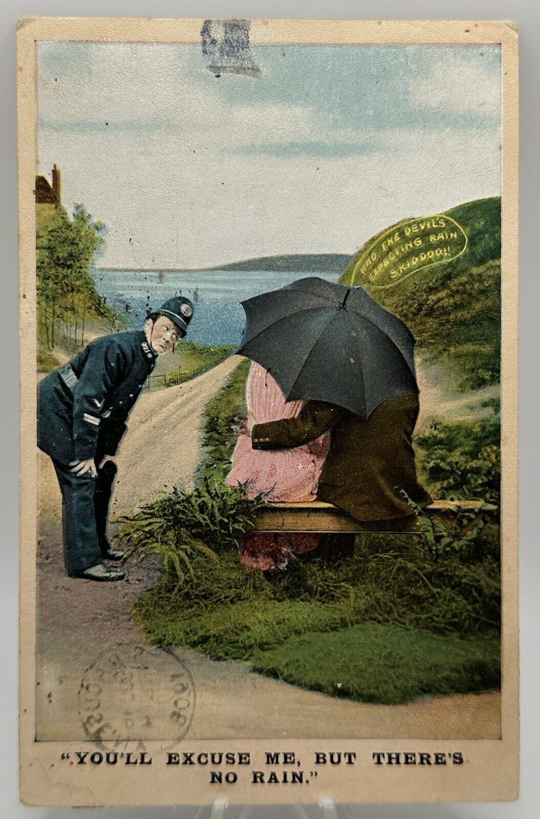 1907-1915 You’ll Excuse Me But There’s No Rain Postcard Officer Interrupts Date