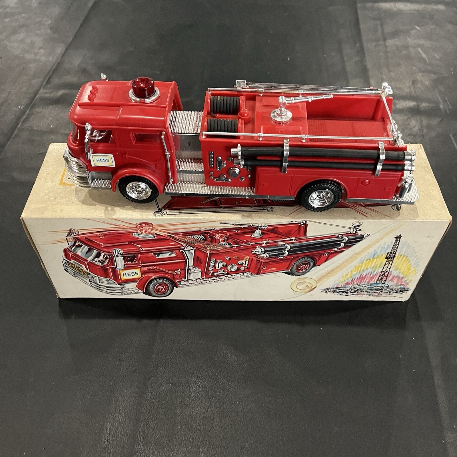 Hess Vintage 1970 Red/Silver/Black Fire Truck Toy w/ Original Box