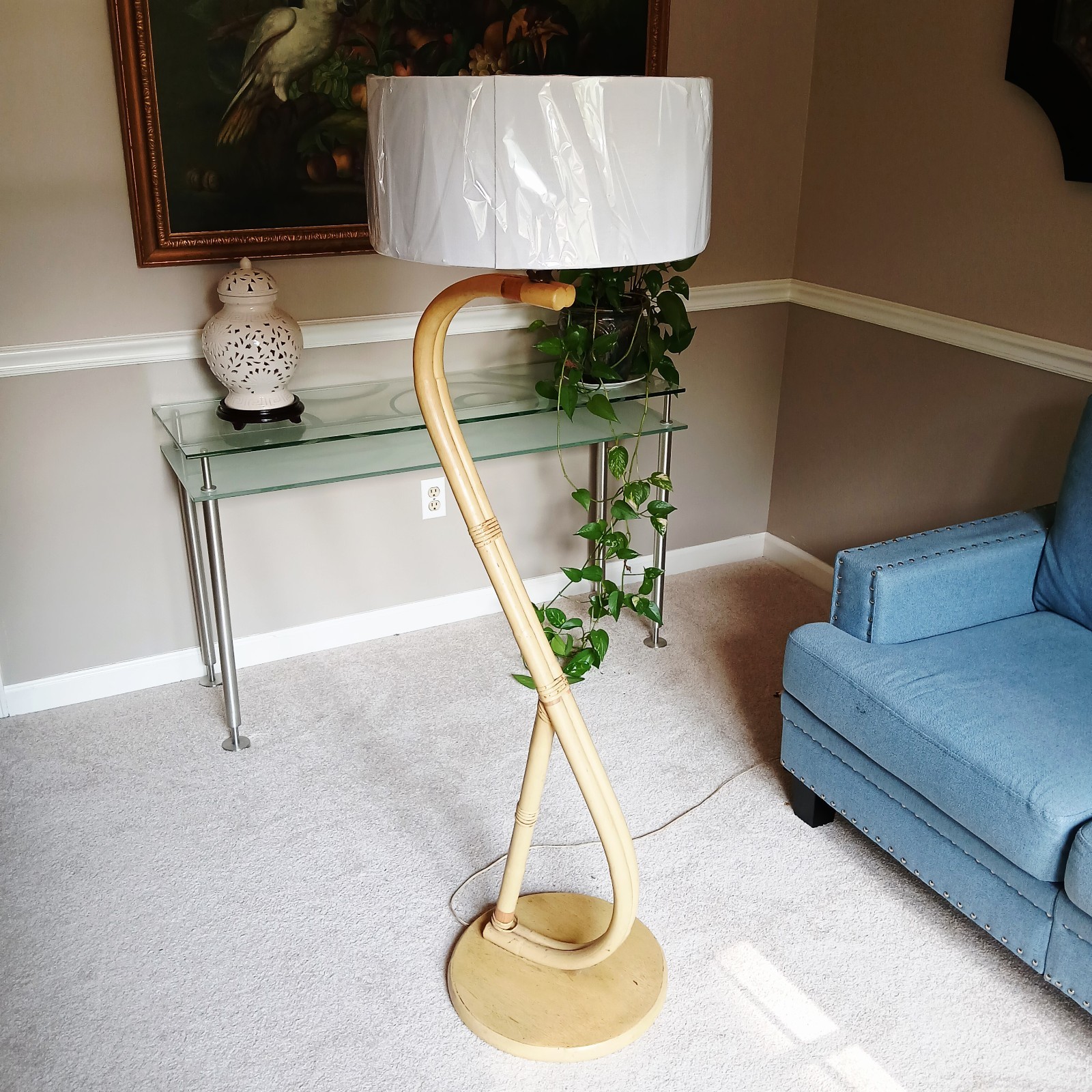 Vintage 1960s Mid Century Coastal Bentwood Rattan Floor Lamp