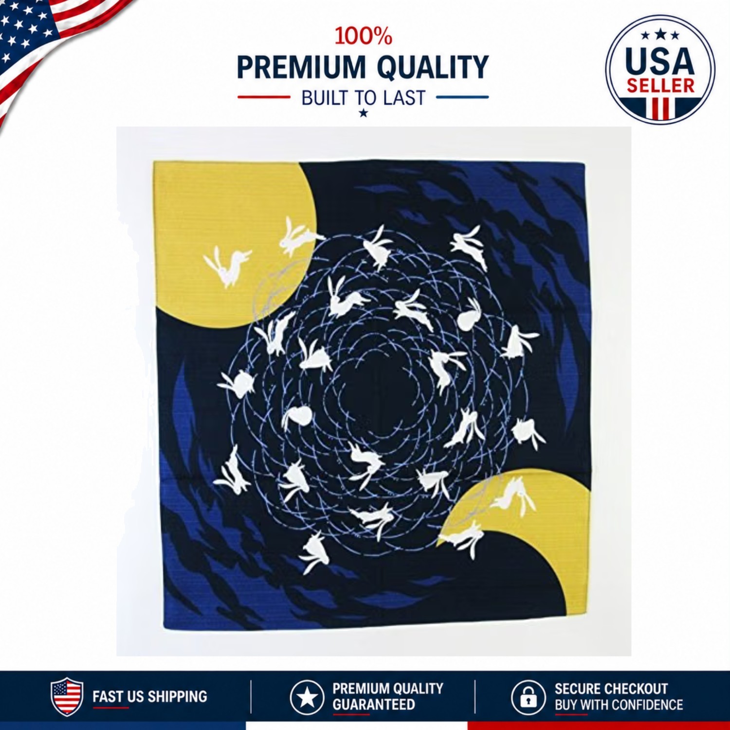 Elegant 19x19 Navy Blue Furoshiki Wrapping Cloth - Moon Dancing Rabbit Design