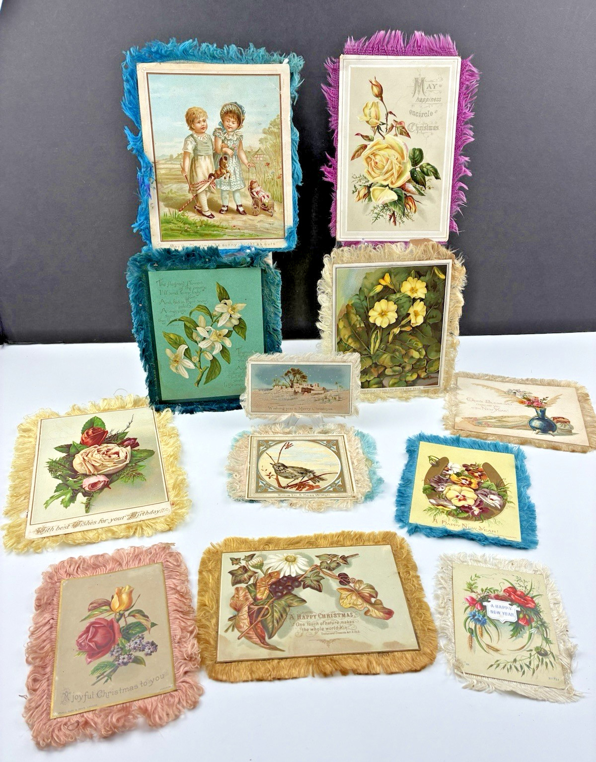 Lot of 13 Antique Victorian Silk Fringe Christmas & New Year Greeting Card 1880s