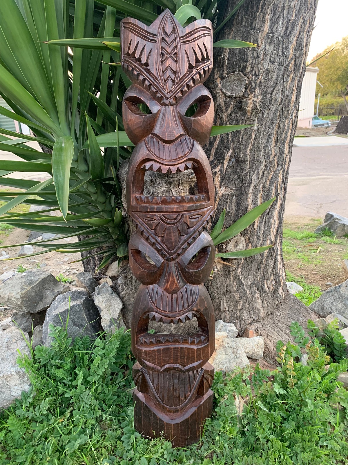Hawaiian Style Tiki Totem Wooden Mask Hand Carved 39"x 8"in