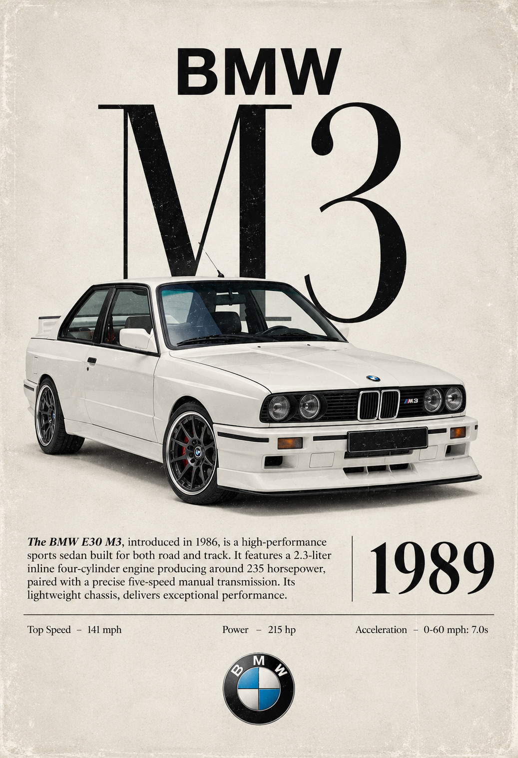 BMW E30 M3 1989 Vintage Automotive Poster Classic German Car Wall Art 13x19