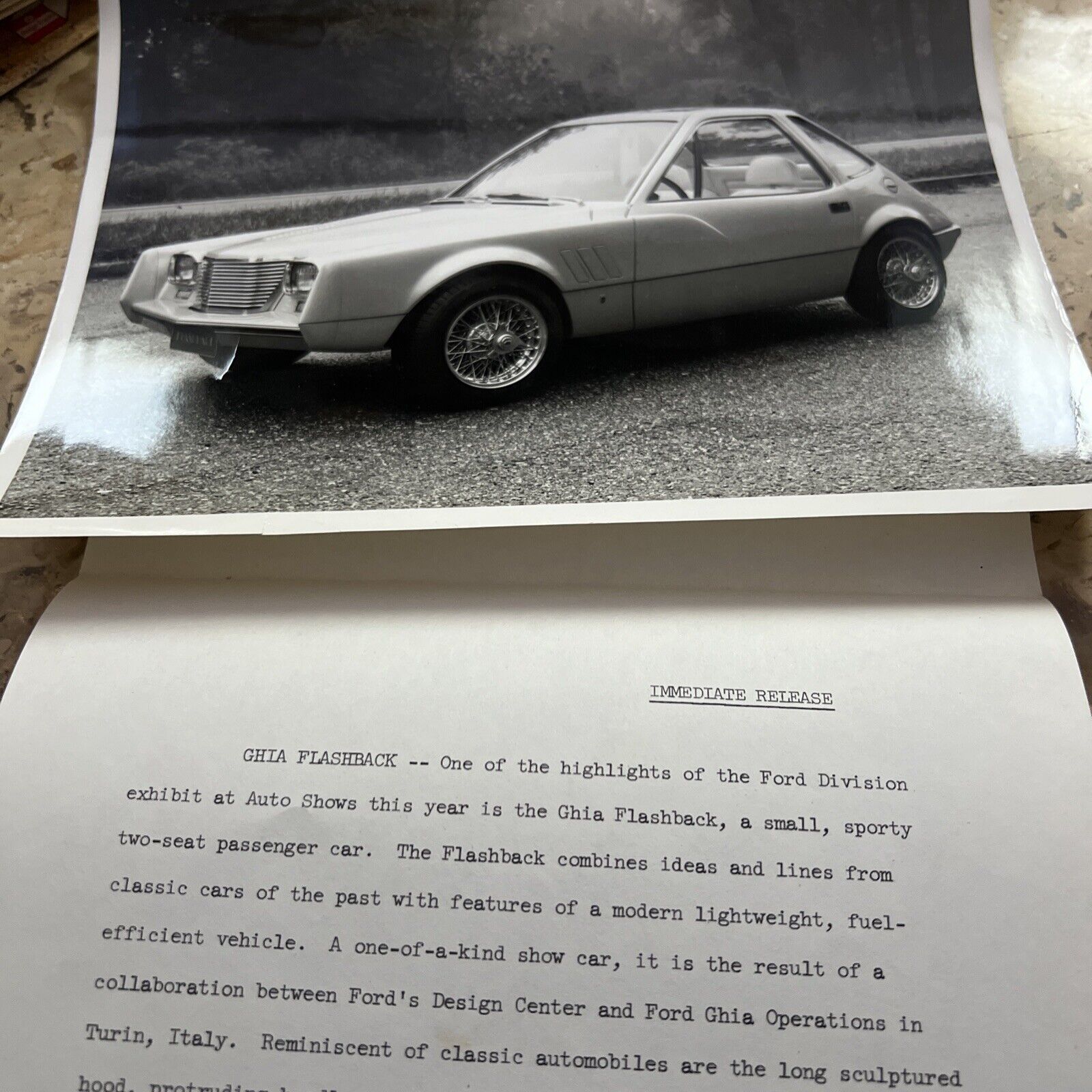 Ford Ghia Flashback Press Release And 8x10 Photograph Very Rare