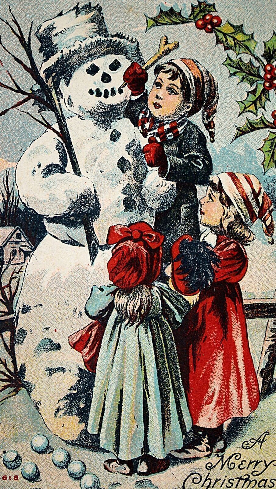 c.1910 Children with Snowman Merry Christmas Postcard Color Lithograph #67