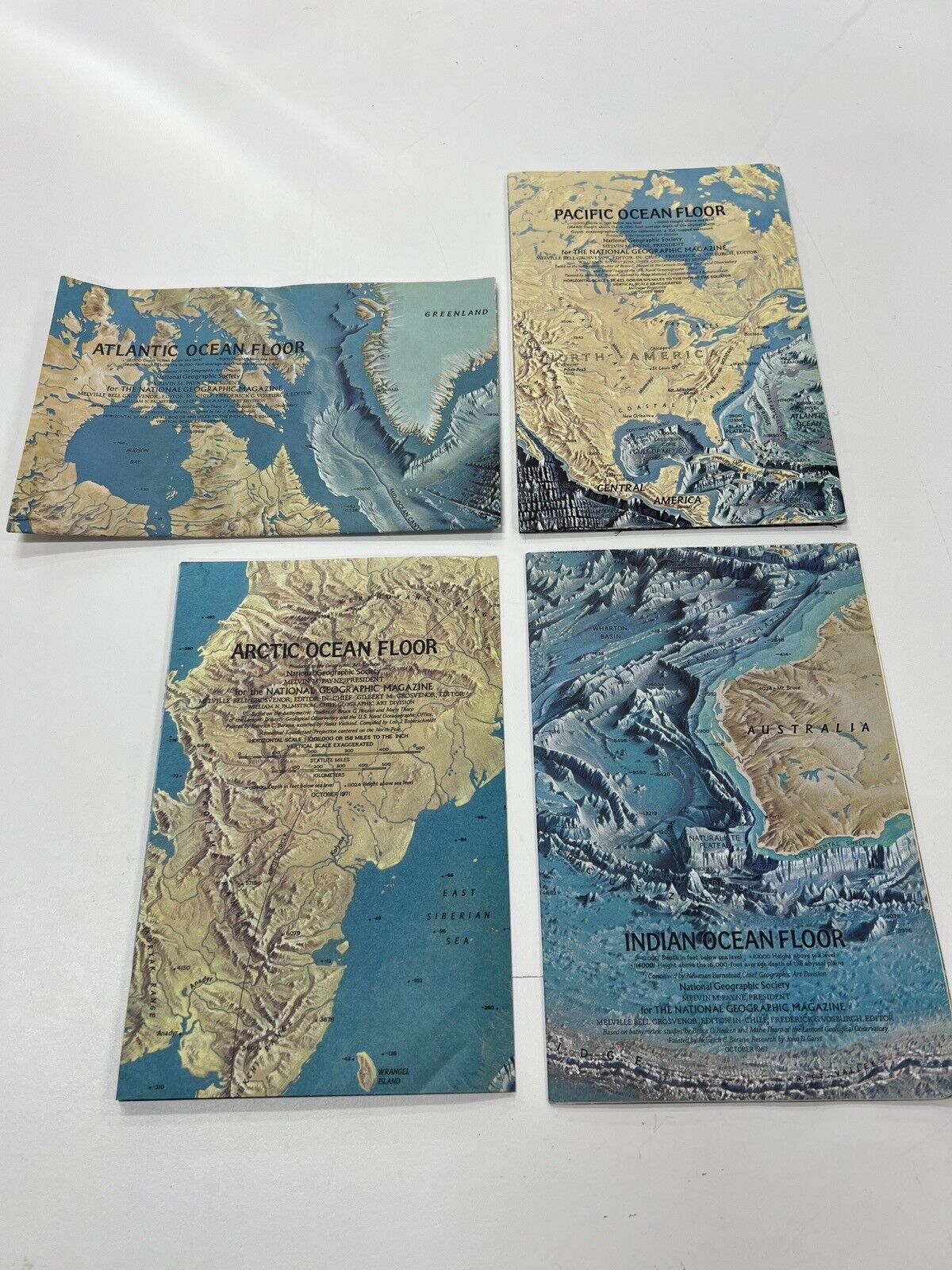 4 National Geographic Ocean Floor Maps Atlantic Arctic Indian Pacific 1967-1971