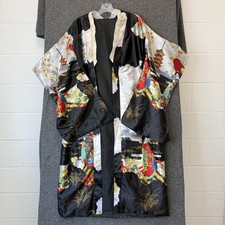 Japanese Geisha Kimono Lined Robe Black Red White Floral Pagoda Asian Art picture