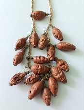 Chinese Peach Pit Antique Carving Bead Man's Head 16 Chain picture
