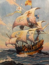 Antique 1930s Spanish Galleon Print 🌊 Heraldic Sails Nautical Ship Art 16x12 picture
