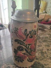 Vintage German 1L Handmade Beer Stein Hand Painted Engraved Lid Val 14 Rare picture