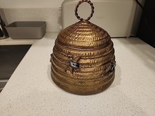 VINTAGE MOTTAHEDEH BRASS BEEHIVE LIDDED HONEY POT CONTAINER WITH BEES CANISTER picture