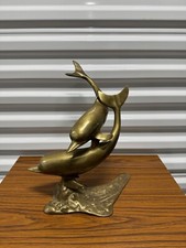 Vintage Solid Brass Mother Baby Dolphins Ocean Sculpture picture