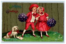 c1910's Birthday Greetings Girl Boy And Dog Heart Card Pansies Flowers Postcard picture