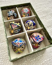 Vintage Smithsonian Cloisonne Owl Thimbles Set of 6 Original Box China picture
