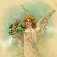 Postcard EASTER A Happy Easter Angel Flowers Embossed B W 305 Germany 1907-1915 picture