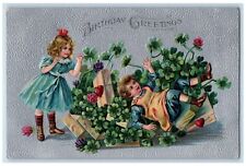 c1910's Birthday Greetings Children Clover Flowers Boxes Embossed Postcard picture