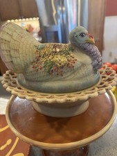 Mosser Glass Antiqued And Hand Painted Turkey On Basket Candy Dish picture