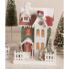 Traditional Christmas Putz House Green with Red Roof Village Figure picture