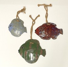 3 ct Art Pottery Fish Wall Hanging Glazed Nautical Sea Décor 90’s Art Decor Rope picture