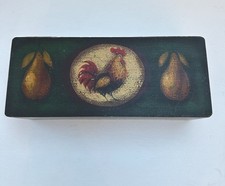 Vintage Signed Peter Ompir Hand Painted Wood Box Folk Art Rooster Pears 10.75