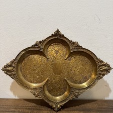Antique Victorian Ornate Brass Quatrefoil Tray Floral Embossed Gothic Revival picture