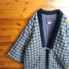 Japanese Hanten Padded Jacket Check Pattern Black Blue Wafuku picture