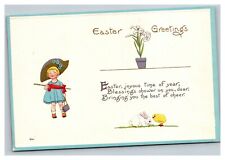 Vintage 1915 Easter Postcard Cute Child in Blue Dress Chick and Bunny - NICE picture