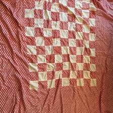 VTG Antique Red White Quilt Top Tablecloth Irish Chain Checkerboard Cotton 98x68 picture