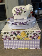 Vintage Lavender Lilac Home Decor Box, Tin, Cotton Ball Holder Ceramic Read picture
