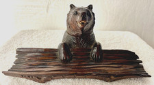 RARE Antique Black Forest Hand Carved Bear Inkwell & Pen Rest Glass Eyes C1890 picture