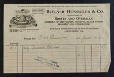 1922 antique BITTNER HUNSICKER allentown pa BILLHEAD shirts overalls underwear picture
