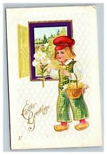 Vintage 1915 Easter Postcard Dutch Boy with Red Hat Basket of Cute Chicks picture