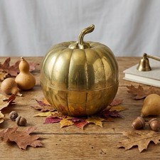 Vintage Solid Brass Pumpkin Trinket Box Handmade Korea Williamsburg Mid-century picture