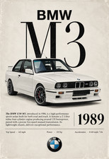 BMW E30 M3 1989 Vintage Automotive Poster Classic German Car Wall Art 13x19 picture