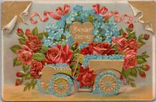 1910s BIRTHDAY GREETINGS Embossed Postcard Automobile Red Roses & Forget-Me-Nots picture