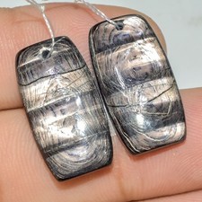 32 Cts Natural Hypersthene Cab Gemstone Front Drill Earring Pair 22x10mm #P1778 picture