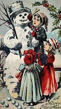 c.1910 Children with Snowman Merry Christmas Postcard Color Lithograph #67 picture