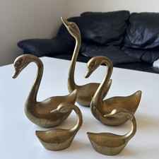 Vintage Solid Brass Swan Family Figurines Set of 5 – Mid-Century Home Decor picture
