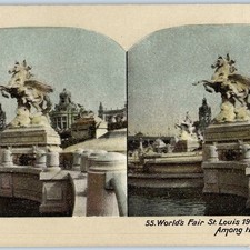 1904 St Louis, MO Worlds Fair Stereoview Card Among Great Statues Winged Horse picture